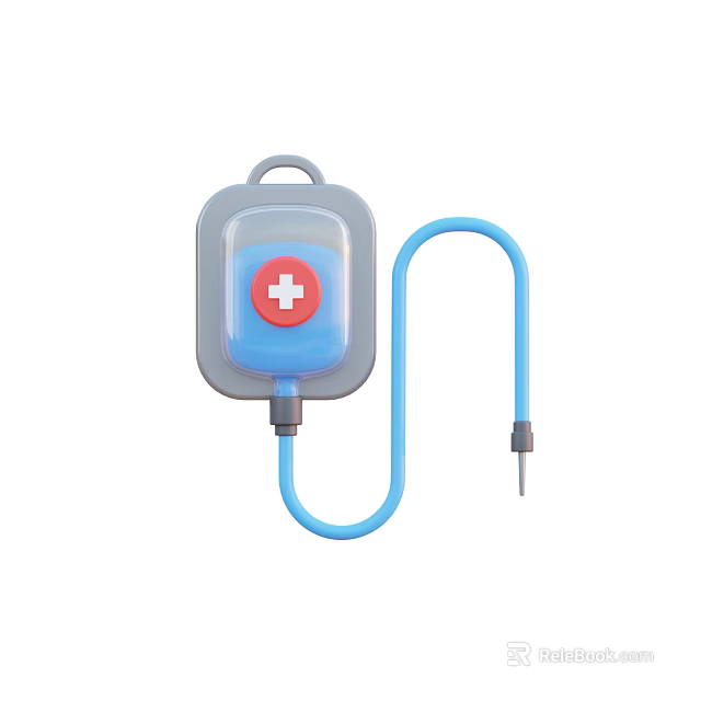 Medical IV Bag With Red Cross Symbol And Blue Fluid Infusion Tube And Needle 3d model 