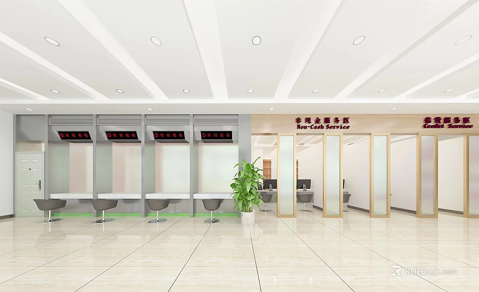 Modern Service Hall Interior With Service Counters Seats Green Plant And Glass Partitions 3d model 