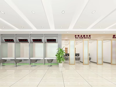 Modern Service Hall Interior With Service Counters Seats Green Plant And Glass Partitions 3d model