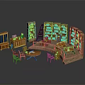 Cartoon Study Room Scene With Wooden Bookshelves Tables Chairs And Cabinet