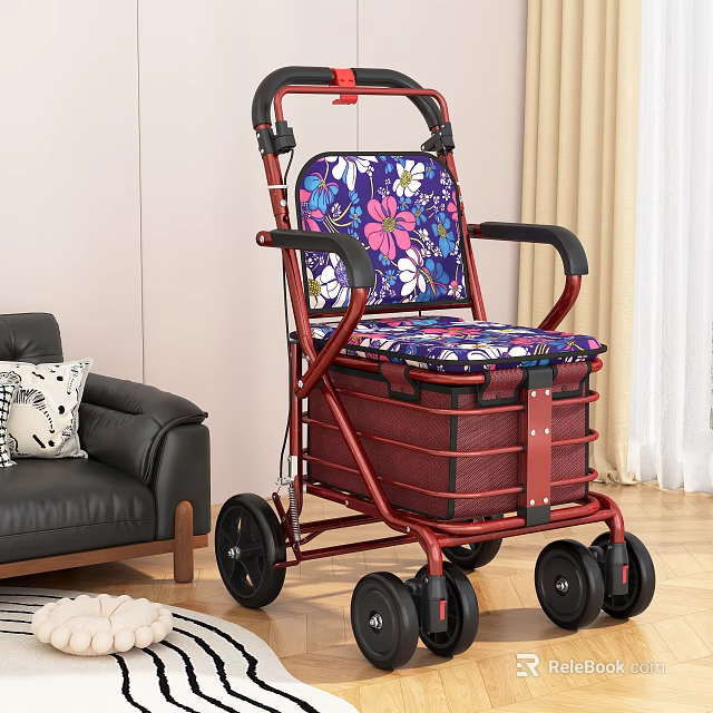 Red Frame Rollator Walker With Floral Seat And Storage Baskets In Indoor Setting 3d model 