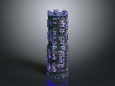 Cartoon Fantasy Tower In Pixel Style With Block Structure And Blue Glowing Lights 3d model