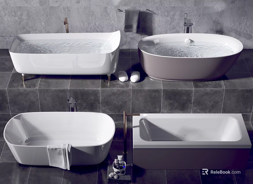 Various Modern Bathtub Designs In White And Gray With Stylish Faucet Details 3d model 