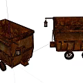 Vintage Rusty Mine Carts With Wooden Frames Wheels And Hanging Lanterns 3d model