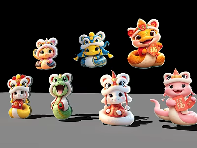 Cute Cartoon Reptile Characters With Traditional Chinese Decorations And Vibrant Colors 3d model