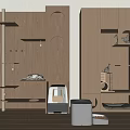 Modern Wooden Storage Cabinet Rack With Circular Cutouts Open Shelves And Pet Supplies