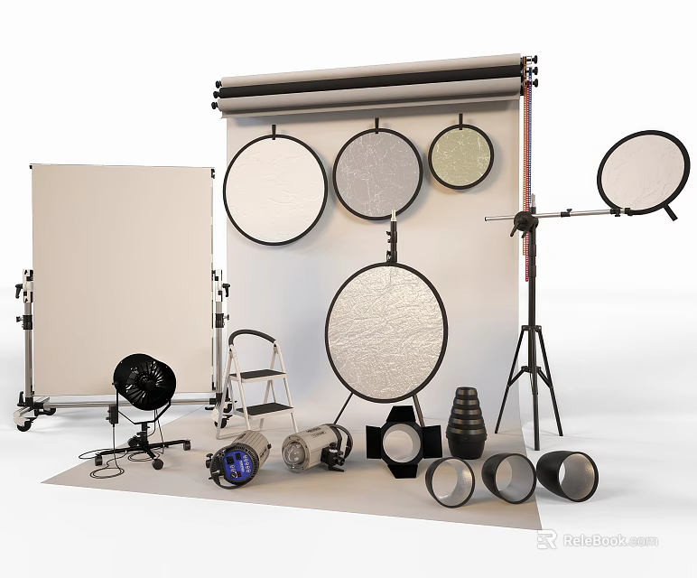 Professional Photography Equipment Setup With Reflectors Lights Tripods And Softboxes 3d model 