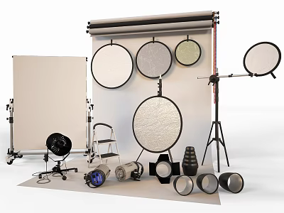 Professional Photography Equipment Setup With Reflectors Lights Tripods And Softboxes 3d model