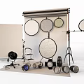 Professional Photography Equipment Setup With Reflectors Lights Tripods And Softboxes