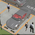 Parking Lot Featuring Luxury Maserati Car Yellow Lines and Pedestrians Walking Around