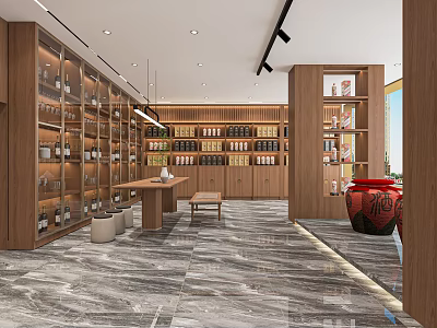 Spacious Tobacco and Liquor Store Interior With Wooden Shelves Wines Tobacco Products and Marble Flooring 3d model