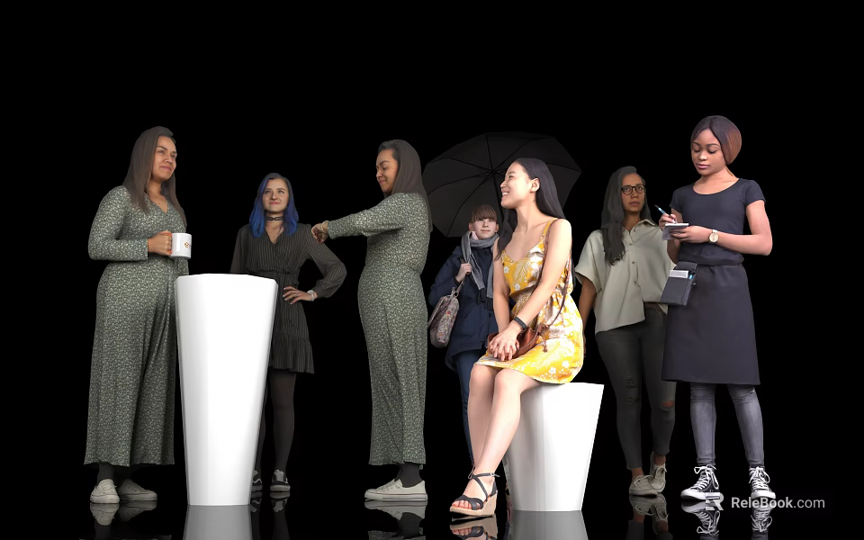 Group of Women Standing and Sitting Together Holding Cup Phone and Umbrella 3d model 