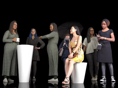 Group of Women Standing and Sitting Together Holding Cup Phone and Umbrella 3d model