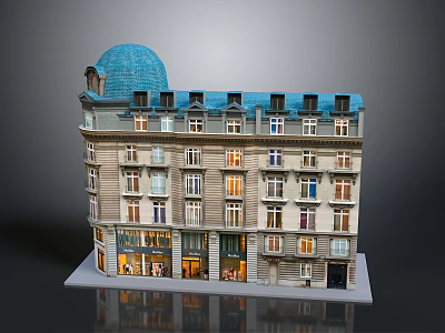 European Style Multi Story Building With Blue Dome Ground Floor Shops And Windows 3d model