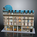European Style Multi Story Building With Blue Dome Ground Floor Shops And Windows