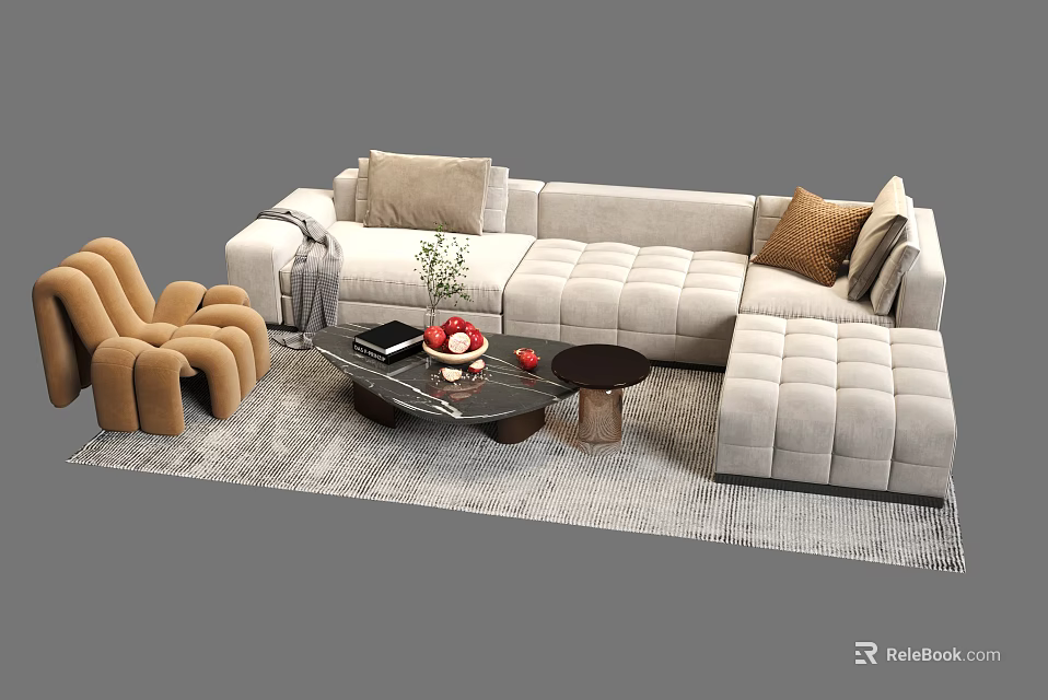 Modern L shaped Sofa Coffee Table Set with Brown Accent Chair Cushions and Gray Rug 3d model 