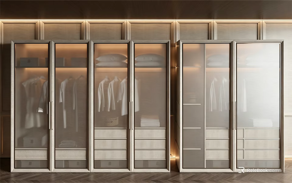 Elegant Modern Wardrobe with Glass Doors Clothes Drawers and Built-in Lighting 3d model 