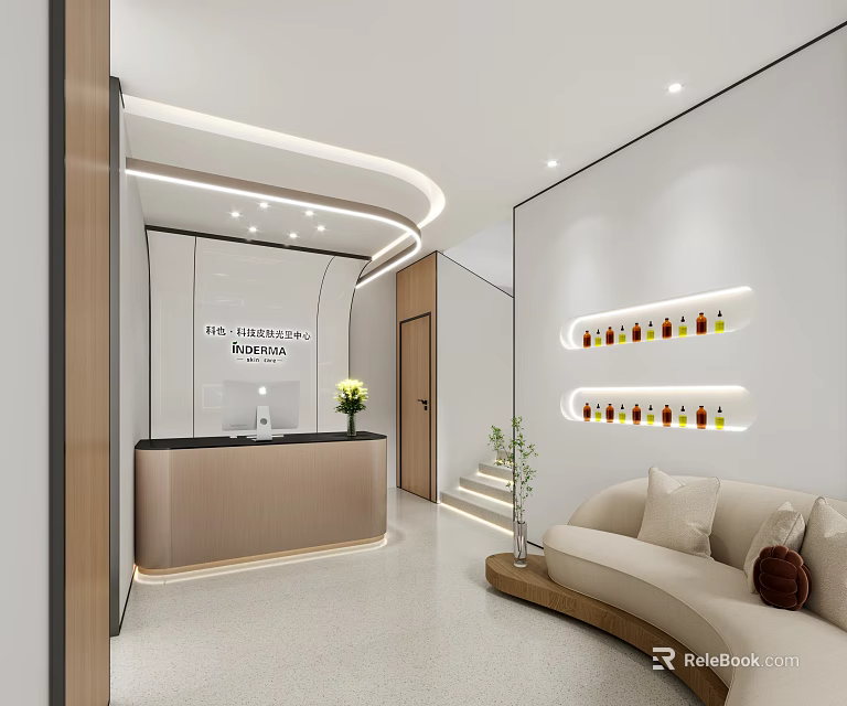 Modern Interior Studio Reception Area With Sofa And Display Shelves 3d model 