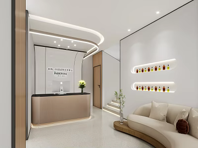 Modern Interior Studio Reception Area With Sofa And Display Shelves 3d model