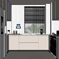 Modern White Kitchen Interior Design With Stainless Steel Refrigerator And Window Blinds