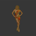 Woman In Orange And Yellow Zebra Print Shoulder Dress With High Heels On Gray Background