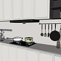Modern Kitchen Interior With White Cabinets Black Appliance Cabinet White Refrigerator And Hanging Pans