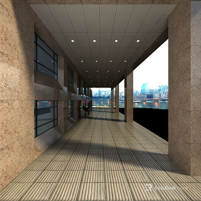 Modern Elevator Hallway With Marble Walls Striped Tile Flooring And City River View 3d model 