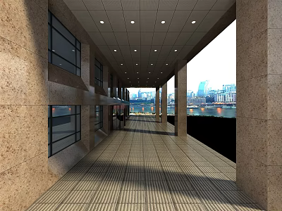 Modern Elevator Hallway With Marble Walls Striped Tile Flooring And City River View 3d model