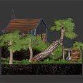 Cozy Wooden House With Red Roof Blue Walls Chimney Trees Grass Log And Small Shed
