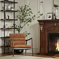 Warm Living Room Interior With Fireplace Chandelier Sofa Coffee Table And Green Plants