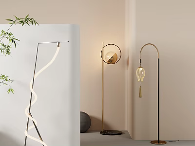 Modern Floor Lamps With Diverse Designs In Minimalist Interior Space 3d model