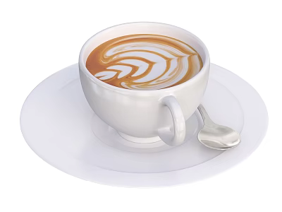 Delicious Coffee with Swirl Latte Art in White Cup and Saucer with Spoon 3d model