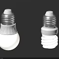 Two Types of White Light Bulbs LED Globe and Spiral CFL on Black Background
