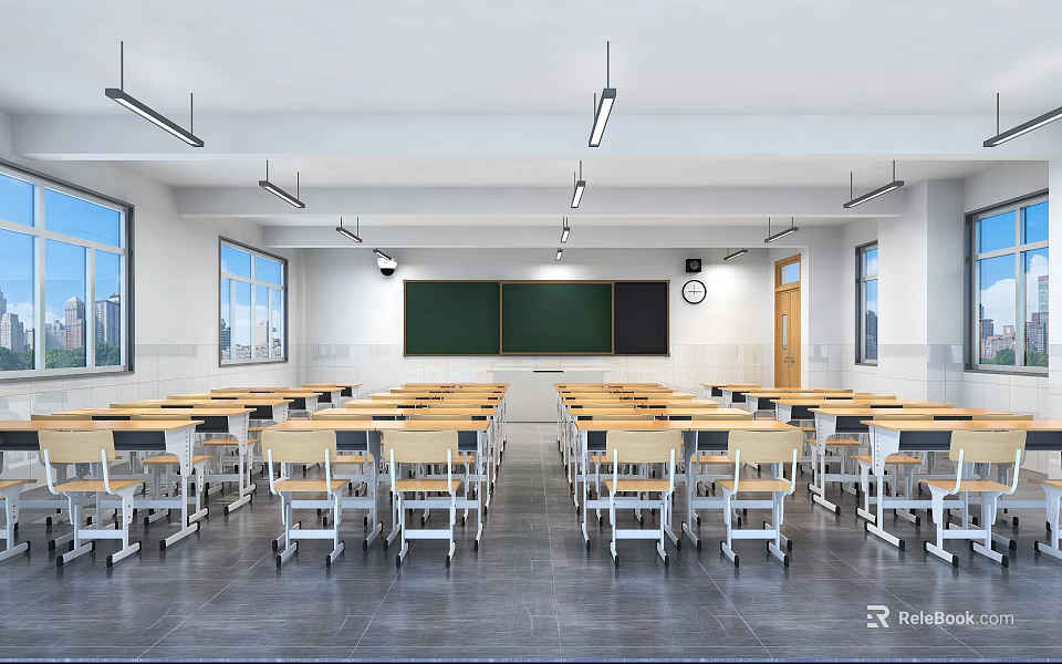 School Classroom Interior With Rows of Desks Chairs Blackboard Windows and Lighting 3d model 