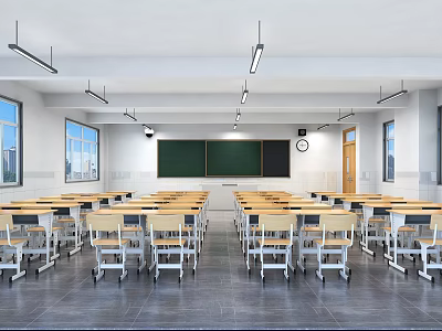 School Classroom Interior With Rows of Desks Chairs Blackboard Windows and Lighting 3d model
