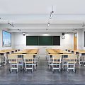 School Classroom Interior With Rows of Desks Chairs Blackboard Windows and Lighting