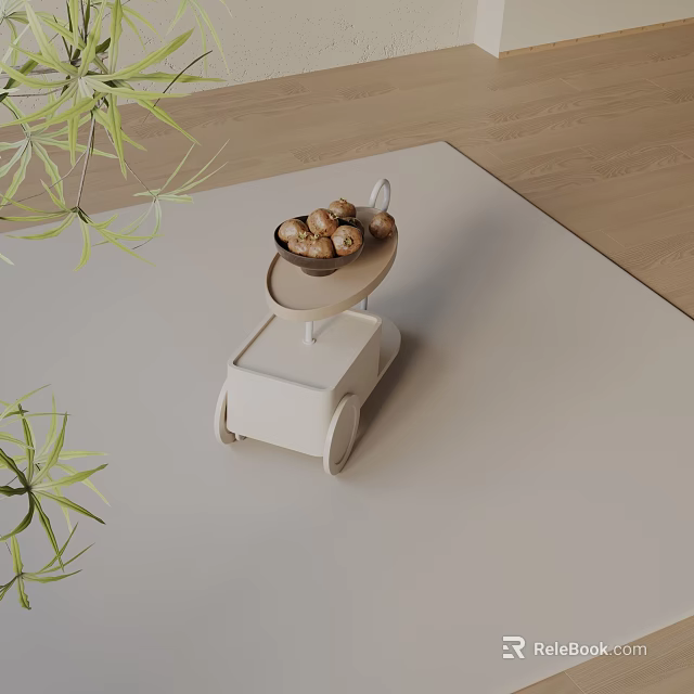 Modern White Side Table With Wheels And Tray Holding Snacks Near Green Plants 3d model 