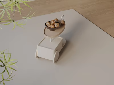 Modern White Side Table With Wheels And Tray Holding Snacks Near Green Plants 3d model