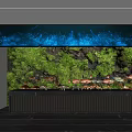 Indoor Aquarium Display With Various Aquatic Creatures Green Plant Wall And Soft Lighting