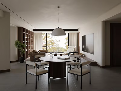 Modern Restaurant Interior With Round Dining Table Chairs Hanging Lamp Large Window And Natural Light 3d model