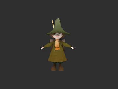 3D Model Game Movie Character Wizard with Green Pointed Hat Green Robe Scarf and Wand 3d model