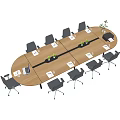 Oval Wooden Conference Table With Black Office Chairs Laptops Documents And Small Plants