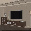 Wooden TV Stand with Glass Doors and Wall Mounted TV in Ornate Room