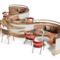 Public Chair Design With Curved Wooden Seating And Tables For Casual Public Area