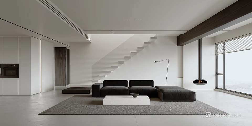 Minimalist Living Room Interior With Black Sofa White Coffee Table Floor Lamp And Staircase 3d model 