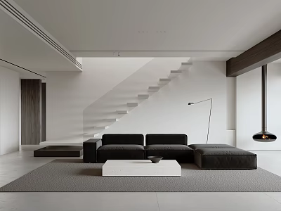 Minimalist Living Room Interior With Black Sofa White Coffee Table Floor Lamp And Staircase 3d model