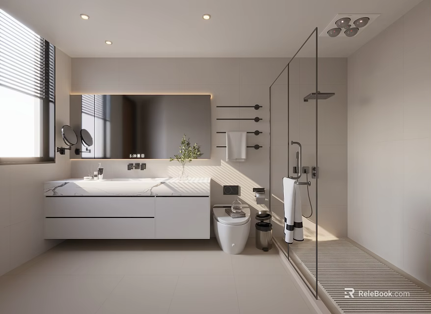 Modern Bathroom With Vanity Mirror Glass Shower And Toilet 3d model 