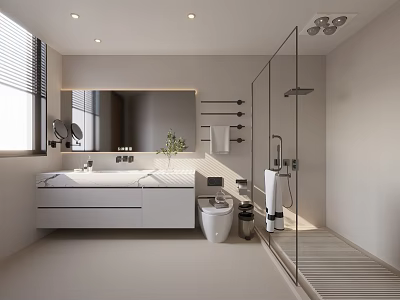 Modern Bathroom With Vanity Mirror Glass Shower And Toilet 3d model