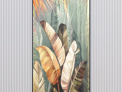 Tropical Botanical Painting With Vibrant Green Brown And Yellow Leaves On Soft Background 3d model