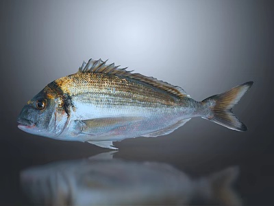 Golden Striped Silver Sea Bream Fish With Dorsal Fins And Reflection On Dark Background 3d model